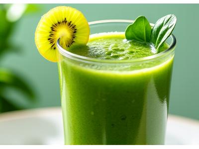 Smoothie hijau pekat dalam gelas dengan hiasan hirisan kiwi dan daun bayam.